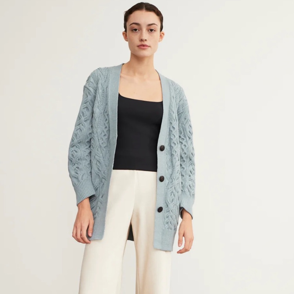 Vince - Aran Cable Cardigan in Light Sea Stone